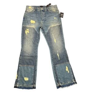 boohooMAN 38 Tall Slim Rigid Flared Distressed Carpenter Jeans Mid Wash Blue